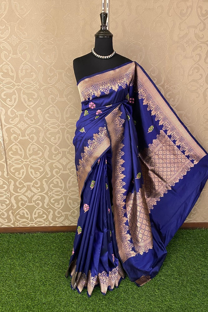 Deep Blue Katan Silk Banarasi Hand Weaving Saree With Blouse