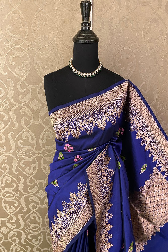 Deep Blue Katan Silk Banarasi Hand Weaving Saree With Blouse