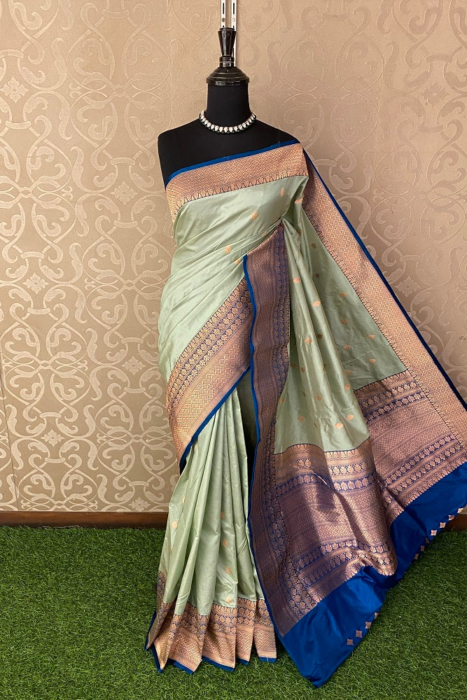 Pista Green Katan Silk Banarasi Hand Weaving Saree With Blouse