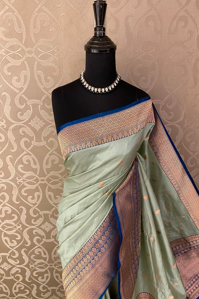 Pista Green Katan Silk Banarasi Hand Weaving Saree With Blouse