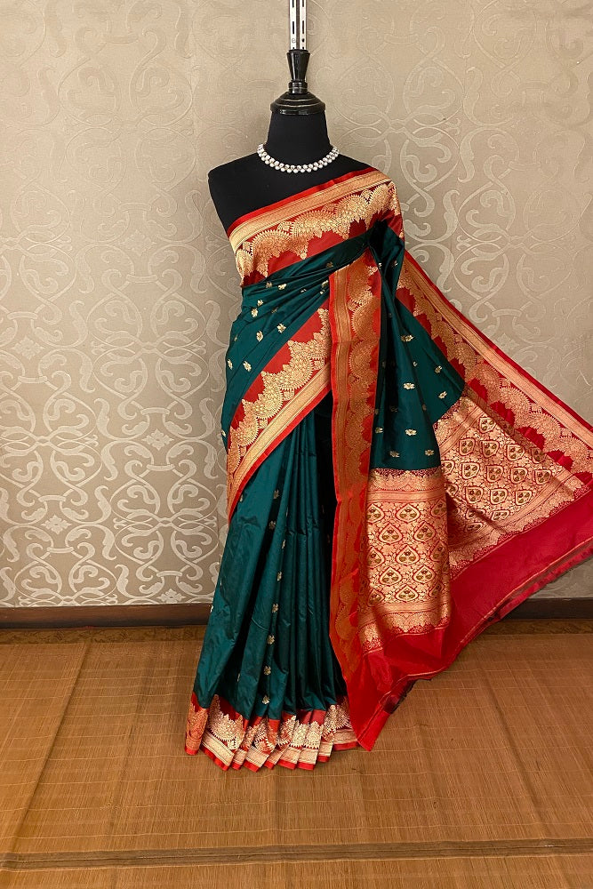Bottle green Katan Silk Banarasi Hand Weaving Saree With Blouse