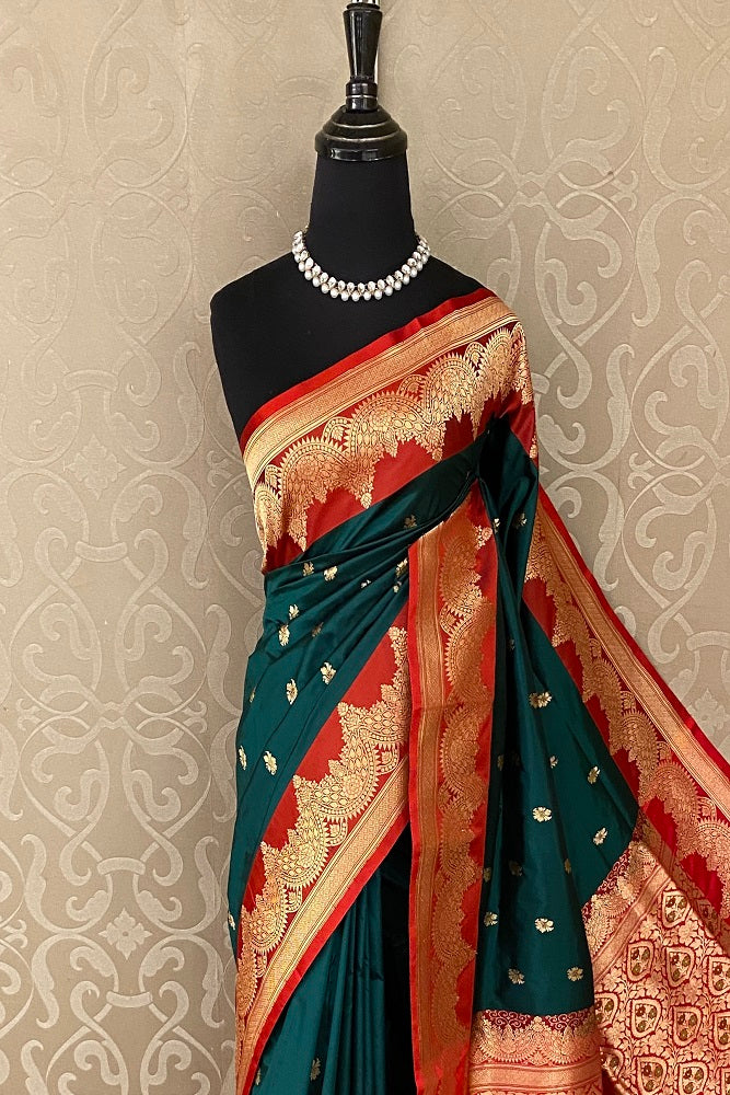 Bottle green Katan Silk Banarasi Hand Weaving Saree With Blouse