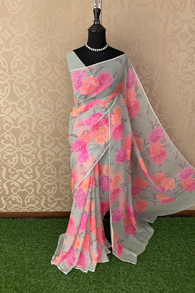 Grey Pink Floral Printed Chiffon Saree With Blouse Piece