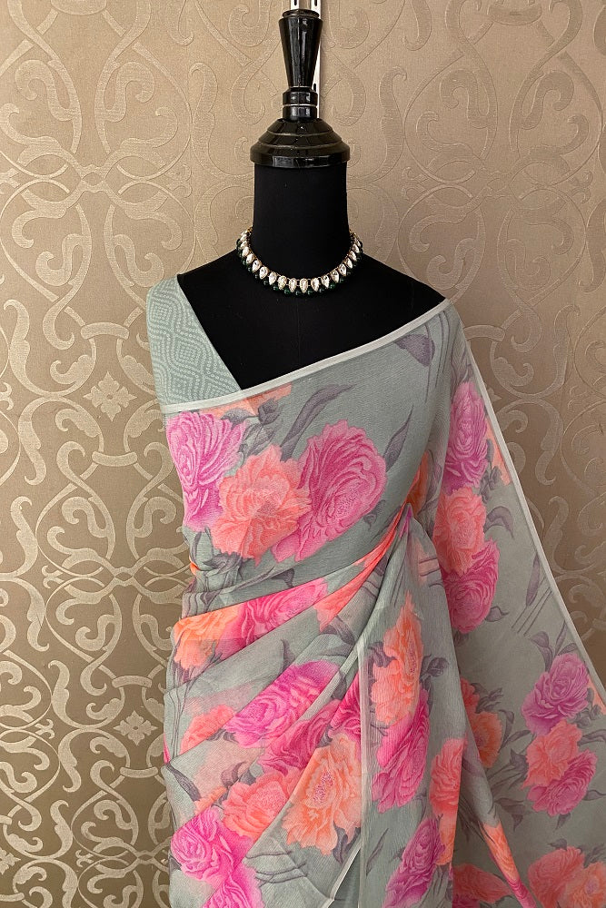 Grey Pink Floral Printed Chiffon Saree With Blouse Piece