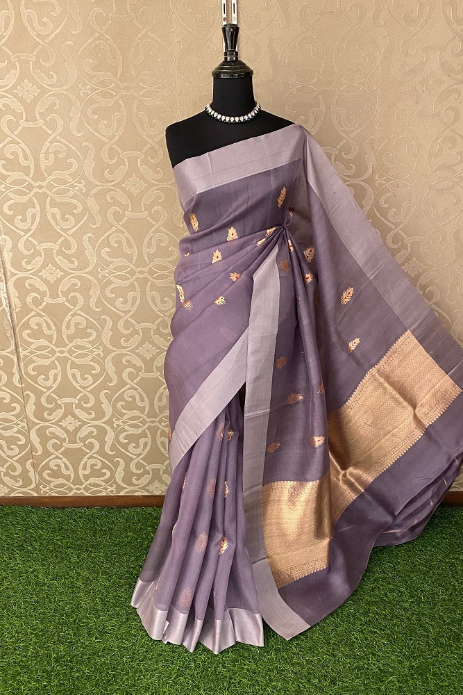 Lavender Kora Banarasi Silk Saree With Blouse Piece