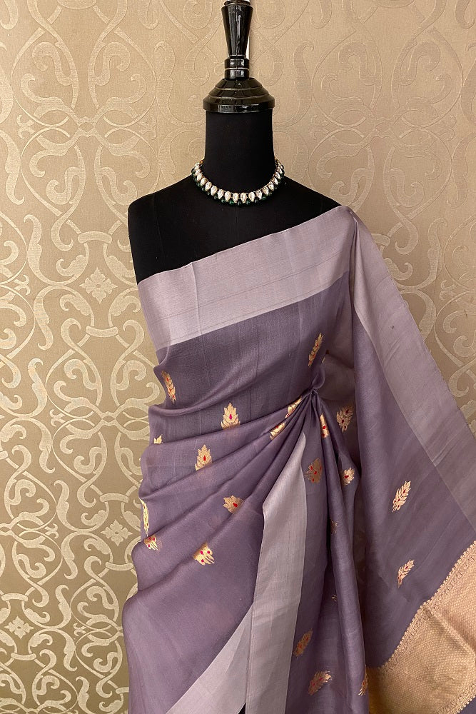 Lavender Kora Banarasi Silk Saree With Blouse Piece