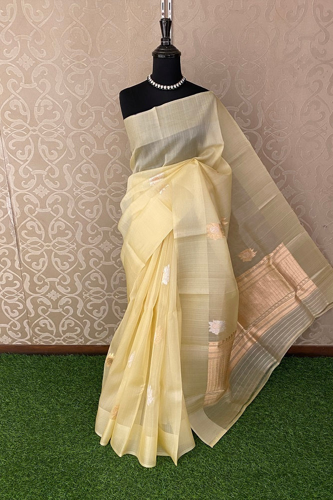 Butter Kora Banarasi Silk Saree, With Blouse Piece