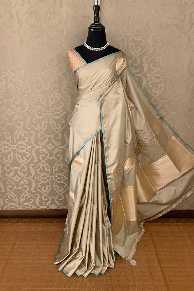 OFFWHITE KADIYAL BANARASI SILK SAREE WITH HAND ZARI WOVEN BUTAS