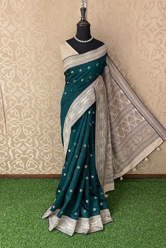 Deep Green Munga Banarasi Silk Printed Saree With Resham Work, With Unstiched Blouse