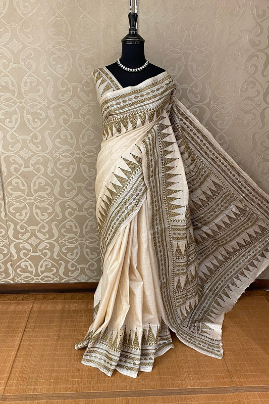Offwhite Tussar Embroidery Saree With Kantha Work Border, With Unstitched Blouse