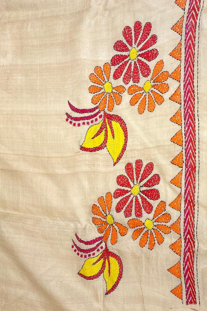 Offwhite Tussar Embroidery Saree With Kantha Work Border, With Unstitched Blouse