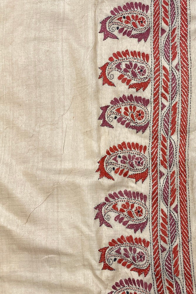 Offwhite Tussar Embroidery Saree With Kantha Work Border, With Unstitched Blouse