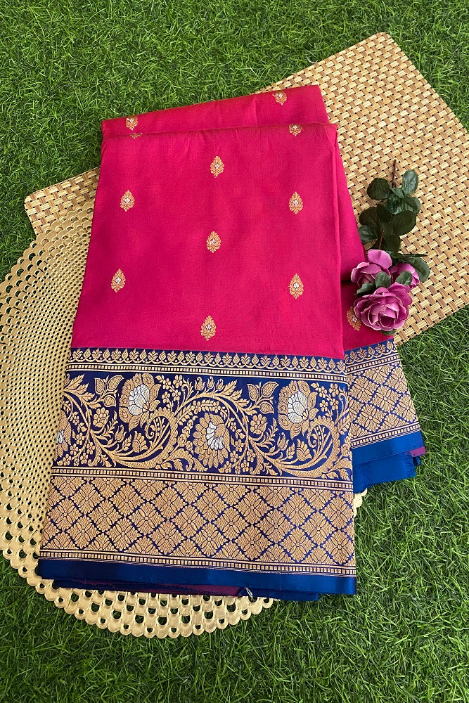 Blue & Pink Katan Silk Banarasi Hand Weaving Saree With Blouse