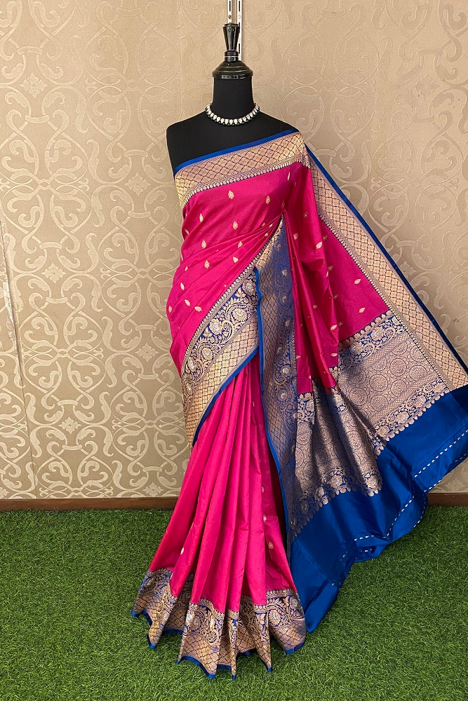Blue & Pink Katan Silk Banarasi Hand Weaving Saree With Blouse