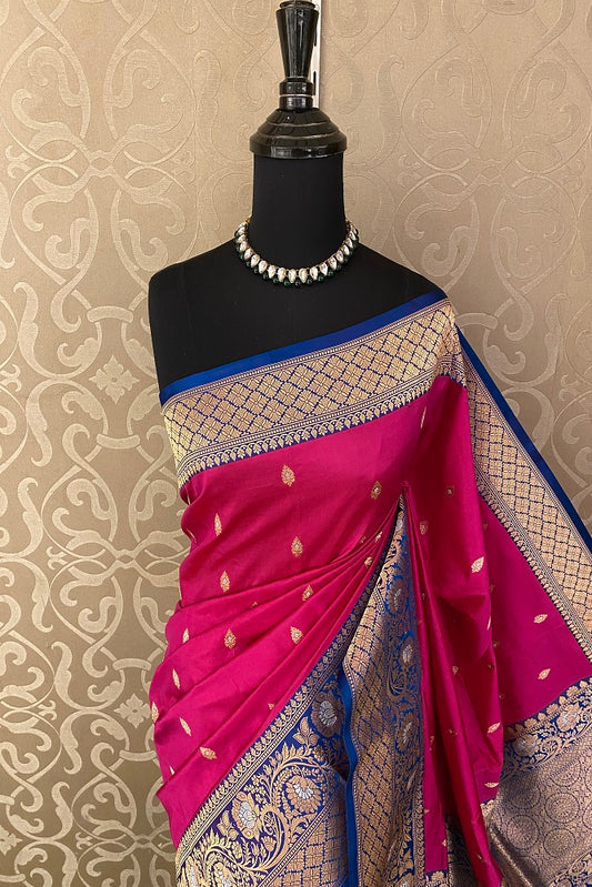 Blue & Pink Katan Silk Banarasi Hand Weaving Saree With Blouse
