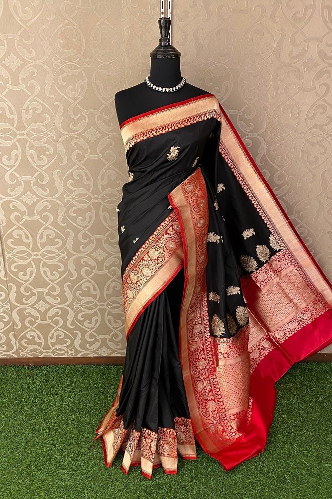 Black & Red Katan Silk Banarasi Hand Weaving Saree With Blouse