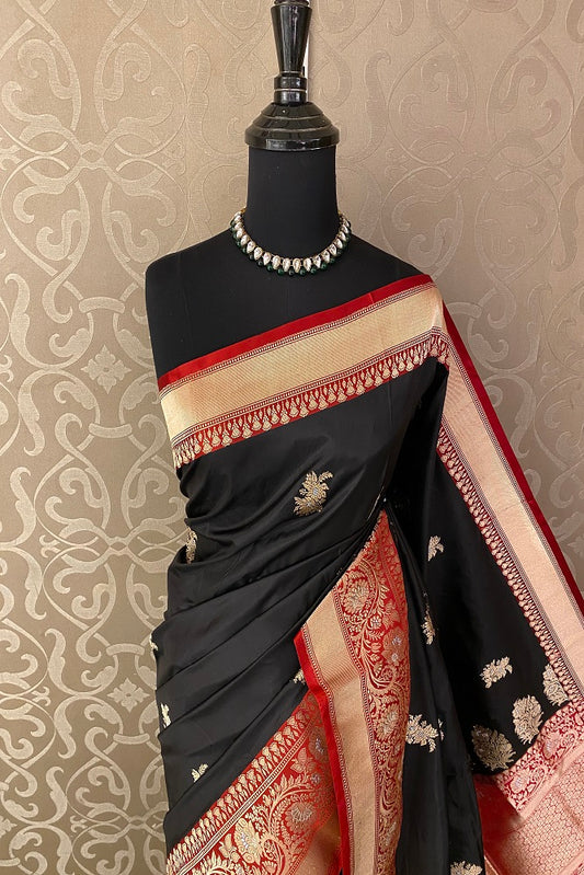 Black & Red Katan Silk Banarasi Hand Weaving Saree With Blouse