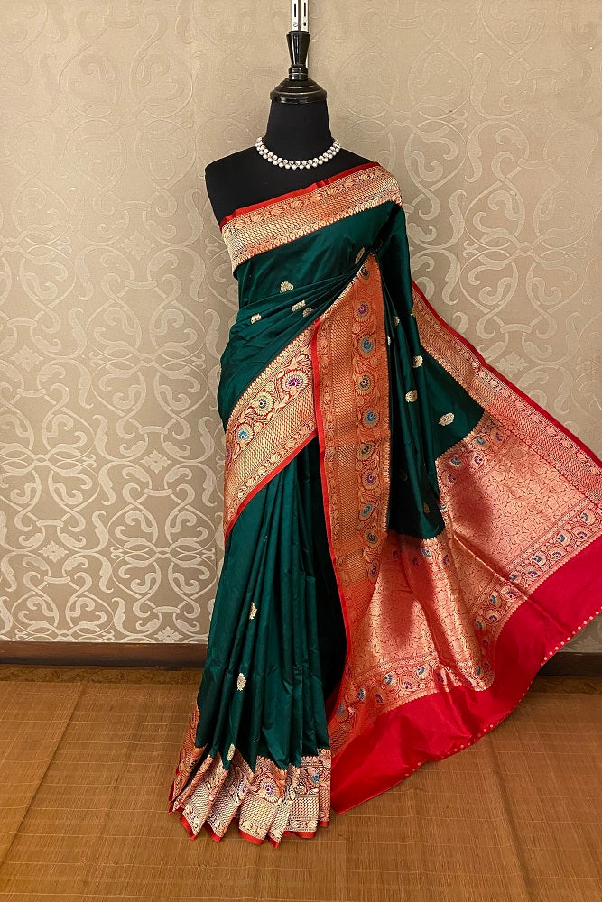 Green & Red Katan Silk Banarasi Hand Weaving Saree With Blouse