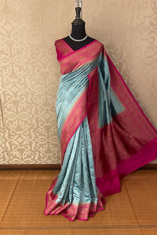 Firozi Blue Pure Munga Banarasi Silk Saree, Hand Woven Motifs With Unstiched Blouse