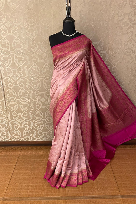 Pink Pure Munga Banarasi Silk Saree, Hand Woven Motifs With Unstiched Blouse