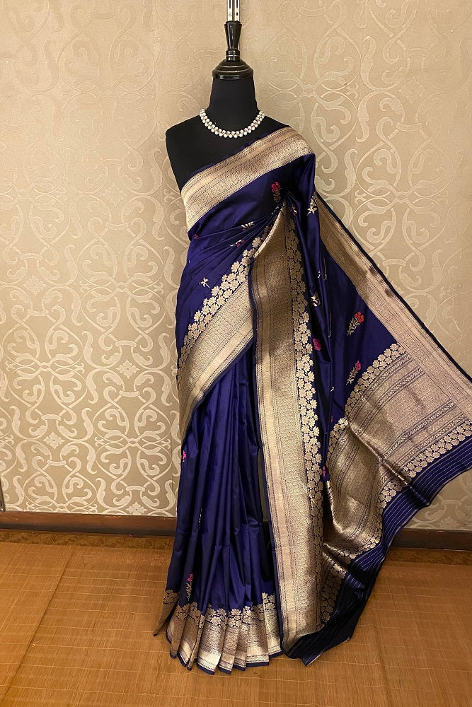 Blue Katan Silk Banarasi Hand Weaving Saree With Blouse