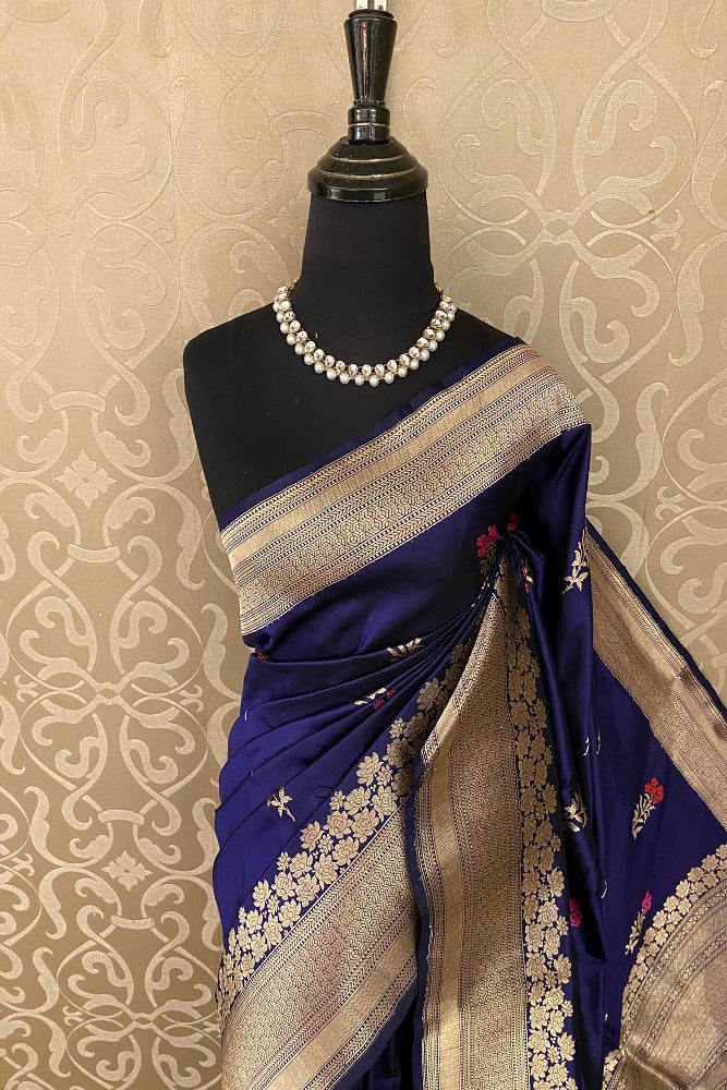 Blue Katan Silk Banarasi Hand Weaving Saree With Blouse
