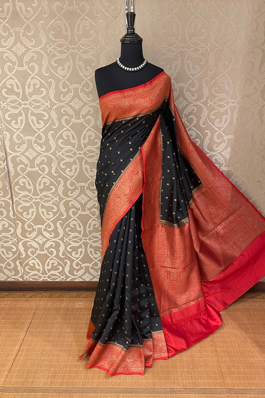 Black Pure Munga Banarasi Silk Saree, Hand Woven Motifs With Unstiched Blouse