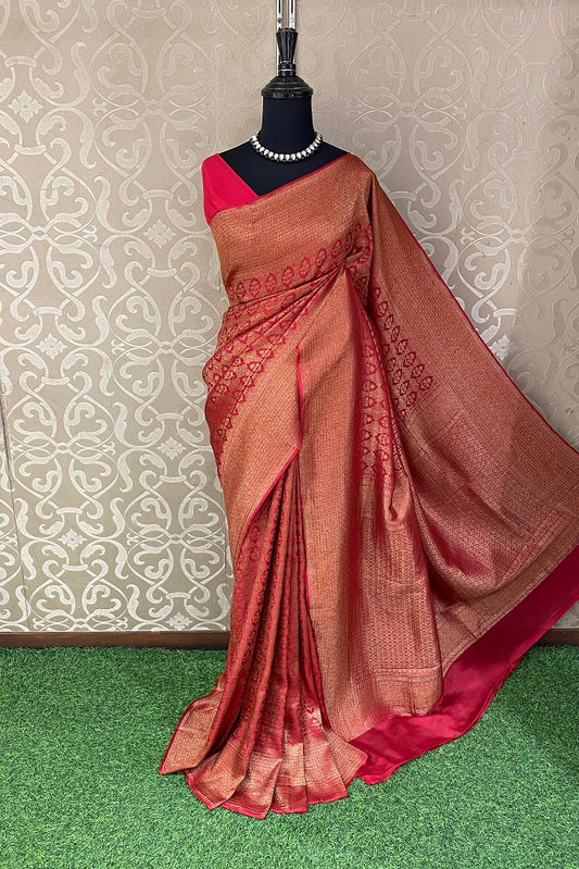 Red Banarasi Brocade Crepe Silk Party Wear Saree, With Unstitched Blouse
