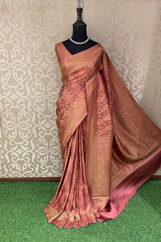 Mauve Pink Banarasi Brocade Crepe Silk Party Wear Saree, With Unstitched Blouse