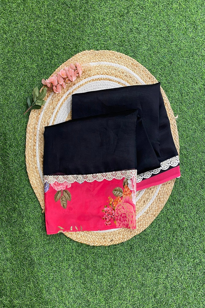 Black Organza Saree Printed Border With Embroidery Work, Unstitched Blouse