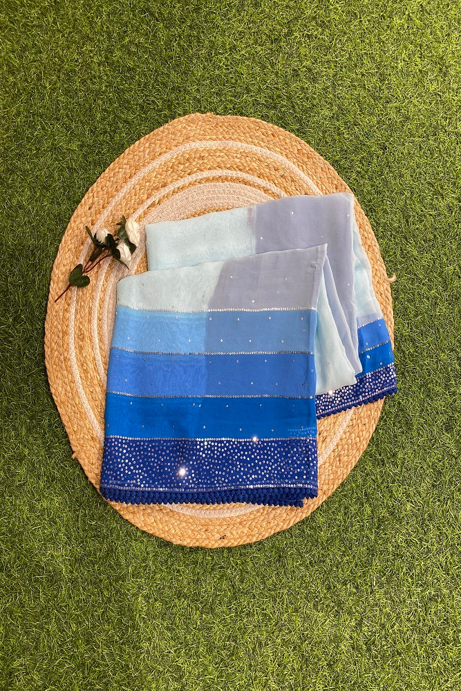 Multi Georgette Stripe Printed Saree With Sequence Work, Unstitched Blouse