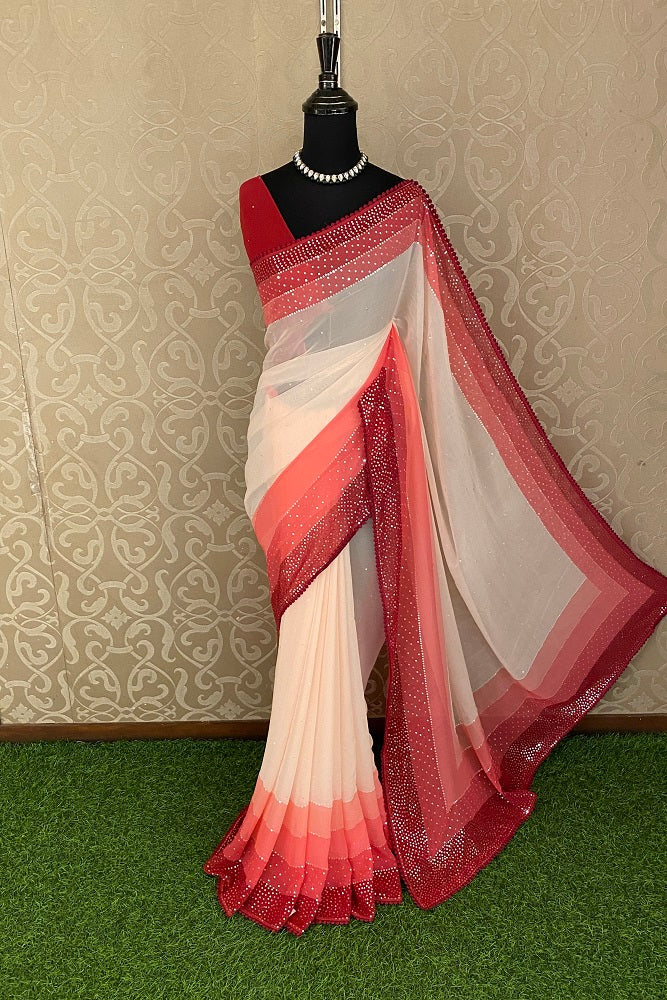 Multi Georgette Stripe Printed Saree With Sequence Work, Unstitched Blouse