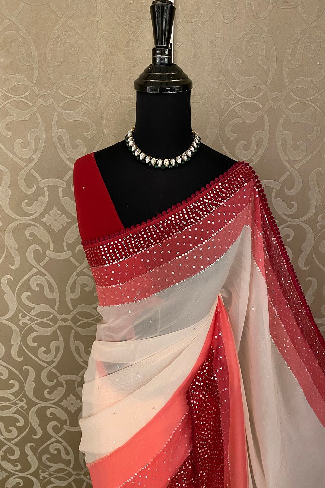 Multi Georgette Stripe Printed Saree With Sequence Work, Unstitched Blouse