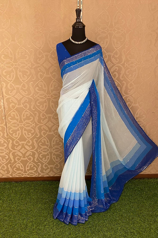 Multi Georgette Stripe Printed Saree With Sequence Work, Unstitched Blouse