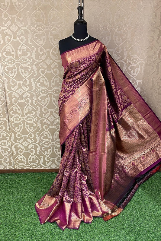 Golden Purple Pure Kanjeevaram Silk Saree, With Unstiched Blouse