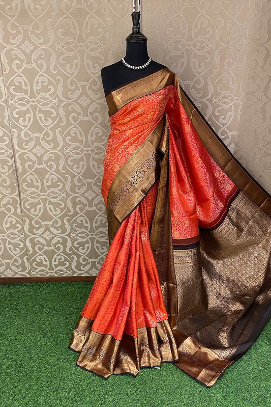 Golden Orange Pure Kanjeevaram Silk Saree, With Unstiched Blouse