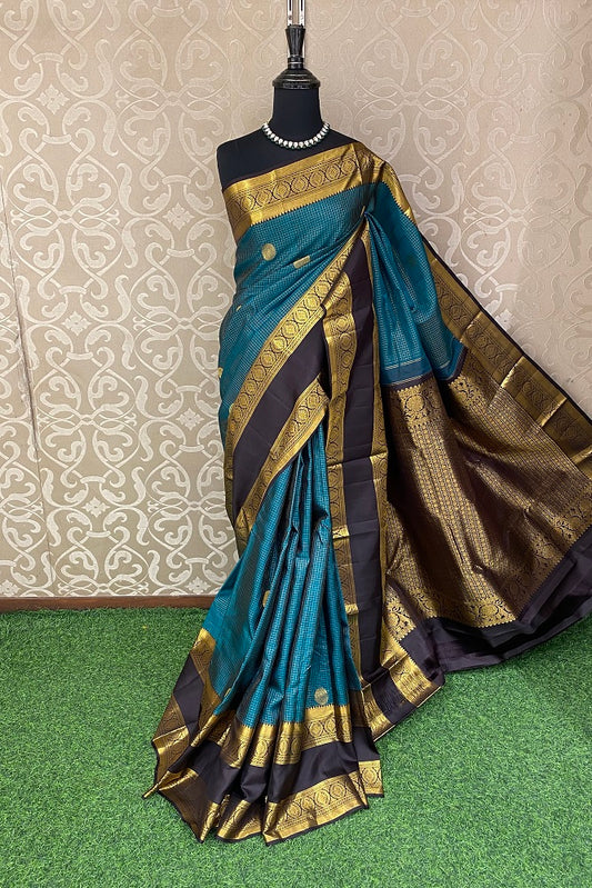 Teal Pure Kanjeevaram Silk Saree, With Unstiched Blouse