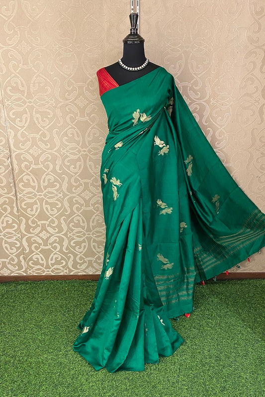 Deep Green Chiniya Silk Saree Hand Woven Butas, With Unstiched Blouse