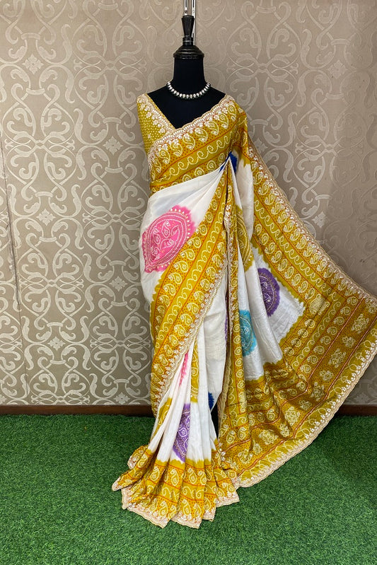 White & Yellow Satin Crepe Silk Hand Embroidery Party Wear Saree, With Unstiched Blouse