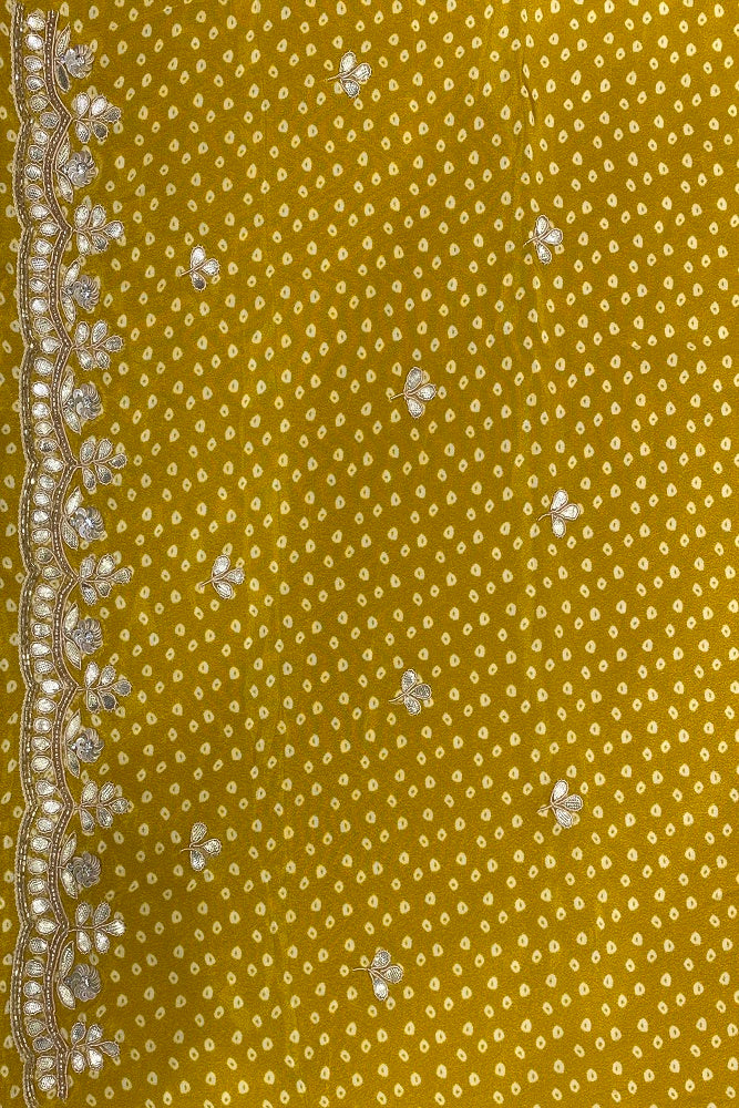 White & Yellow Satin Crepe Silk Hand Embroidery Party Wear Saree, With Unstiched Blouse