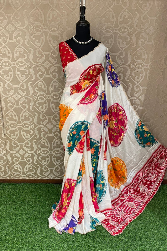 White Satin Crepe Silk Hand Embroidery Party Wear Saree, With Unstiched Blouse