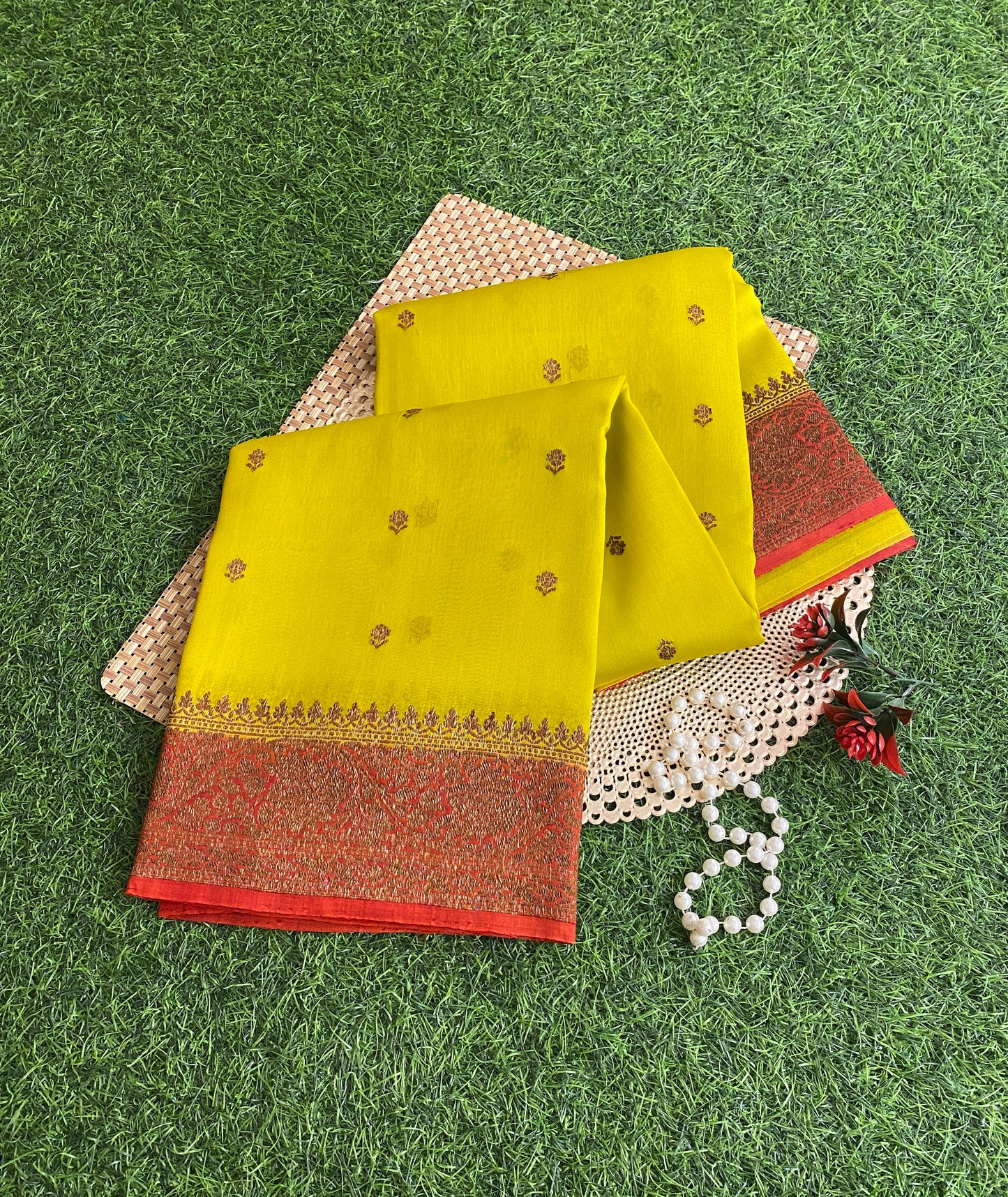 Light Yellow Kora Banarasi Silk Saree, With Blouse Piece