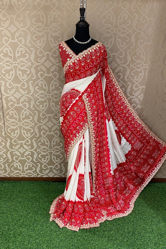 White & Red Satin Crepe Silk Hand Embroidery Party Wear Saree, With Unstiched Blouse