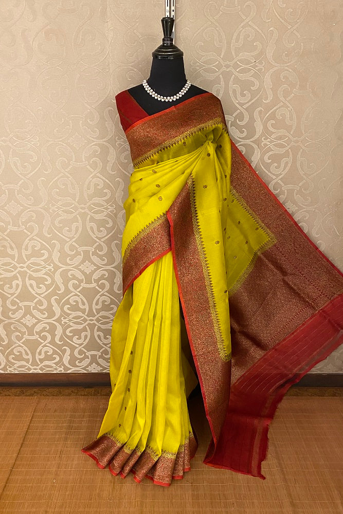 Light Yellow Kora Banarasi Silk Saree, With Blouse Piece