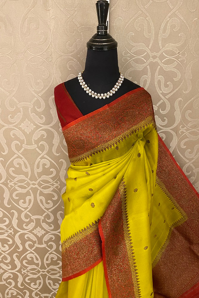 Light Yellow Kora Banarasi Silk Saree, With Blouse Piece