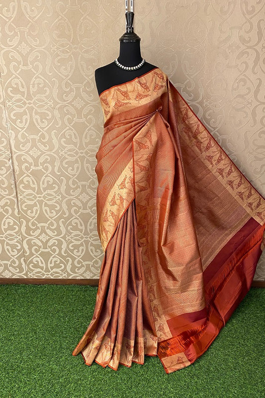 Brick Red Pure Kanjeevaram Silk Saree, With Unstiched Blouse