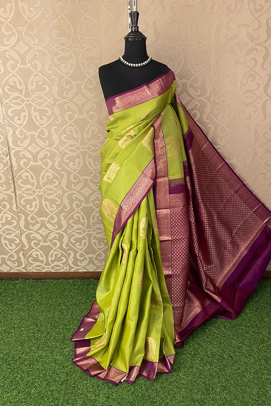 Lime Green Pure Kanjeevaram Silk Saree, With Unstiched Blouse