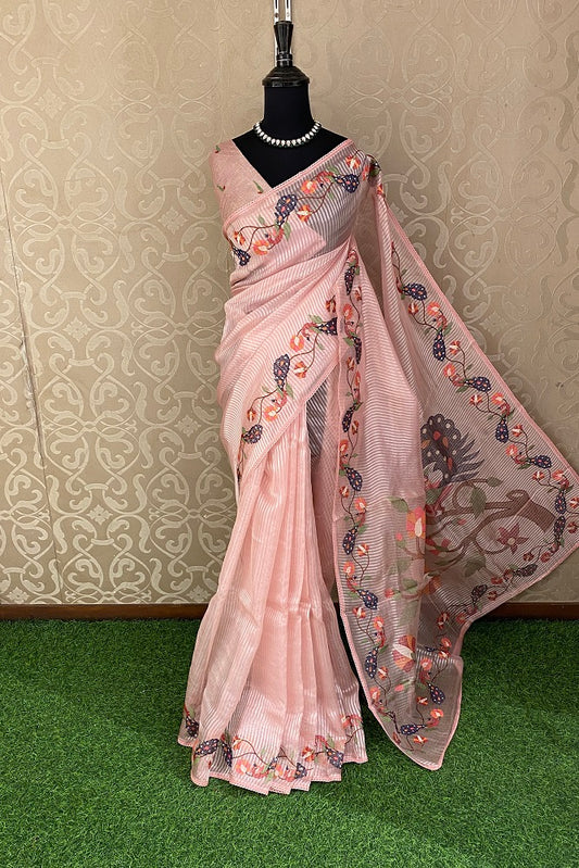 Pink Tissue Organza Silk Resham Embroidery Saree, With Unstiched Blouse