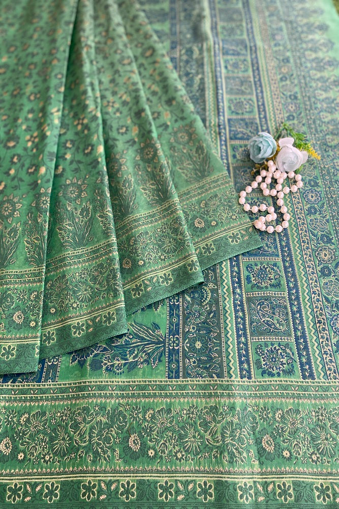 Green Pure Kani Handloom Silk Saree With Floral Woven Blouse