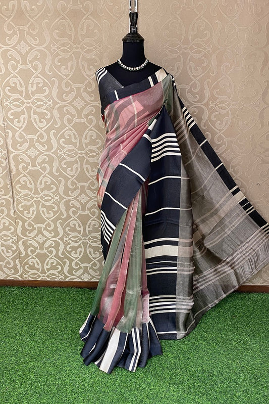 Multi Colour Tissue Banarasi Printed Saree, With Unstiched Blouse
